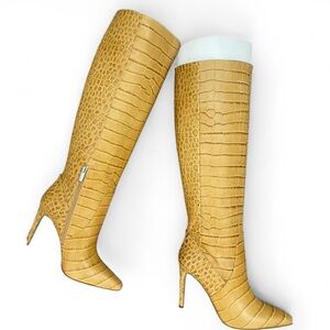 Vince Camuto Croc-Embossed Heeled Boots in Tan